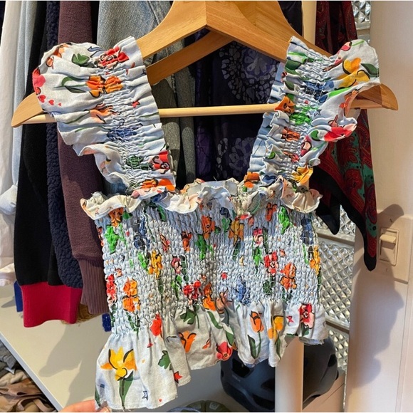 Hill House Linen Floral Ruffle Sleeve Smocked Crop Top - Picture 6 of 8